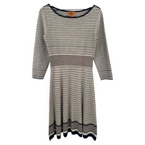 Tory Burch Striped Bateau A-Line Alpaca Silk Knit Dress - Cream Brown -Size XL